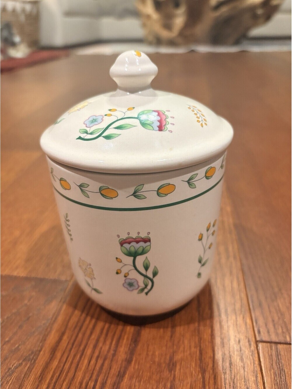 VTG Floral Canister by OVER AND BACK 8" X 5 ½" Flowers Green Bands Lemon Border